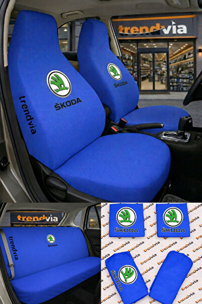 trivexa Skoda Logo Car Seat Cover Front Rear Set – Combed Cotton Lycra Univer...