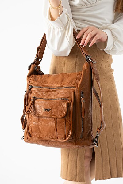 571 Collections Çanta Washed Leather Back and Shoulder Bag, Tan Model: (571-1...
