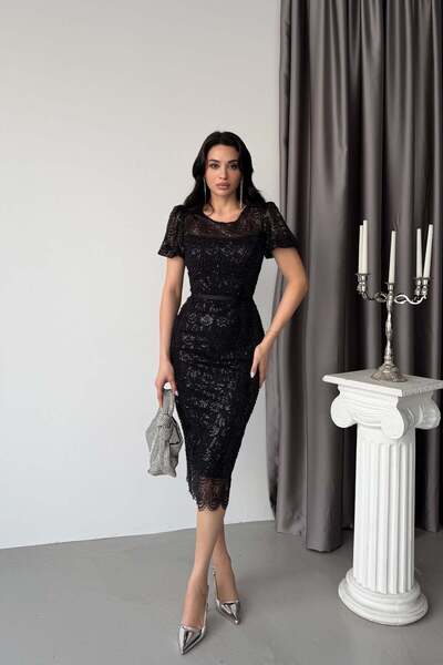 Serica Moda Rochie de seară midi cu mâneci scurte, cu curea și broderie cu mă...