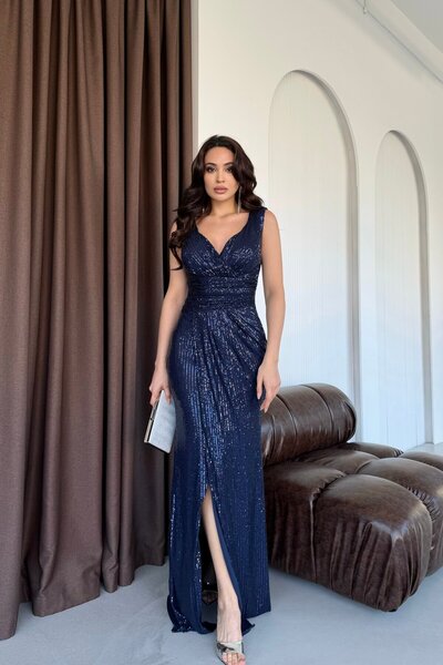 Serica Moda Navy Blue Double-Breasted V-Neck Slit Sequined Evening Dress
