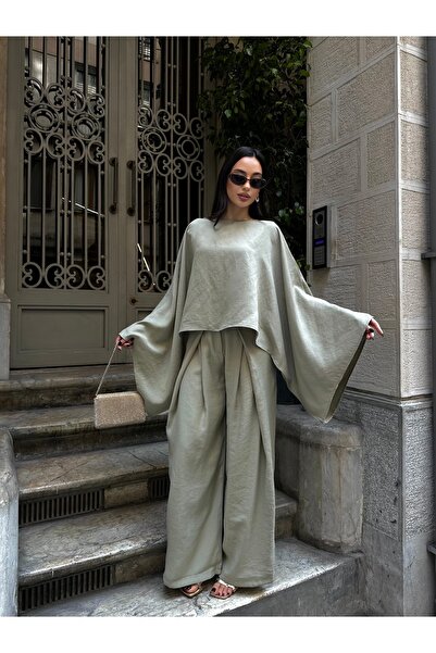 Nes Moda Tencel Kumaş Yarasa Kol Bluz Pileli Palazzo Pantolon Takım