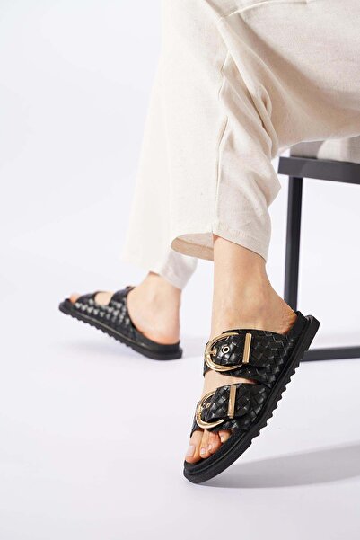 Moda Pie Loggo ženske papuče sa dvostrukom kopčom, crna slama