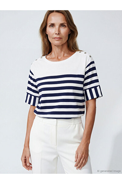 LC Waikiki Peak New Season Striped 100% Cotton Women's T-Shirt
