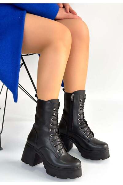 NESSİMO Black Leather Lace-Up Heeled Boots N266997