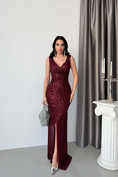 Serica Moda Βραδινό φόρεμα μπορντό με διπλό στήθος, λαιμόκοψη V, σχισμή και π...