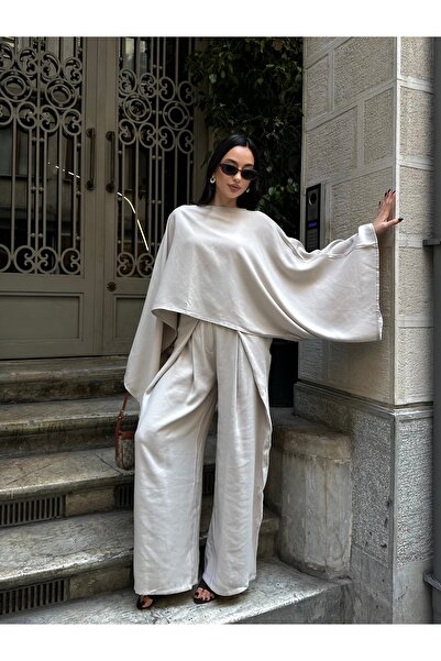 Nes Moda Tencel Kumaş Yarasa Kol Bluz Pileli Palazzo Pantolon Takım