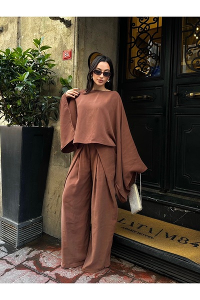 Nes Moda Tencel Kumaş Yarasa Kol Bluz Pileli Palazzo Pantolon Takım