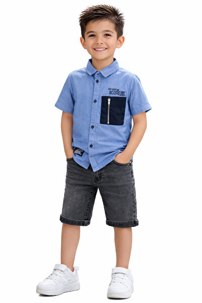 İrem Çocuk Giyim Boy's Shirt with Lettering and Zipper Detail, Dark Blue Colo...