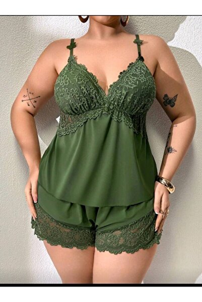 Bernato Large Size Women's Nightgown Set with Lace Detail and Shorts, Wide Fi...