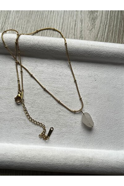 Pel Design Raw Pink Quartz Stone Ball Detailed Steel Necklace Handmade