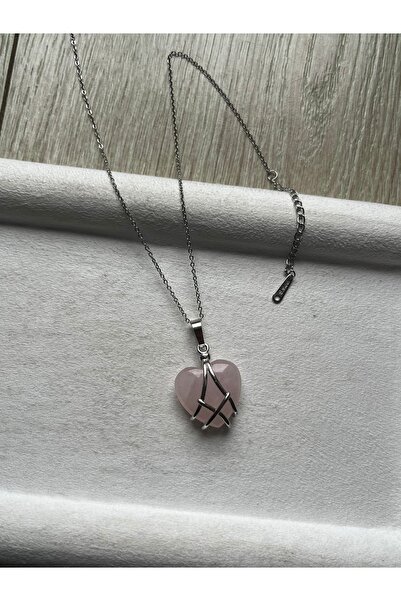 Pel Design Pink Quartz Stone Barbie Steel Necklace Handmade