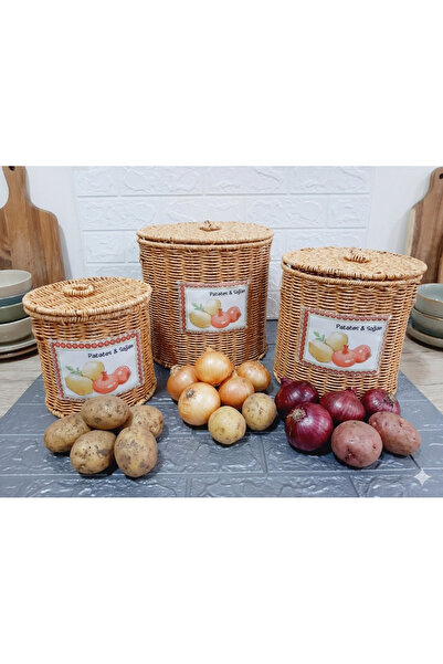 sever ithalat Rattan Örgü Kapaklı Yuvarlak Patates & Soğanlık 3' lü Set