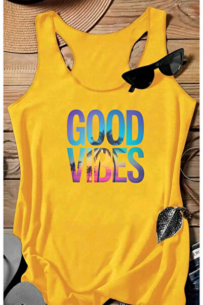 SUNFREE GOOD VIBES Tricou imprimat pentru femei, fără mâneci, pentru înot