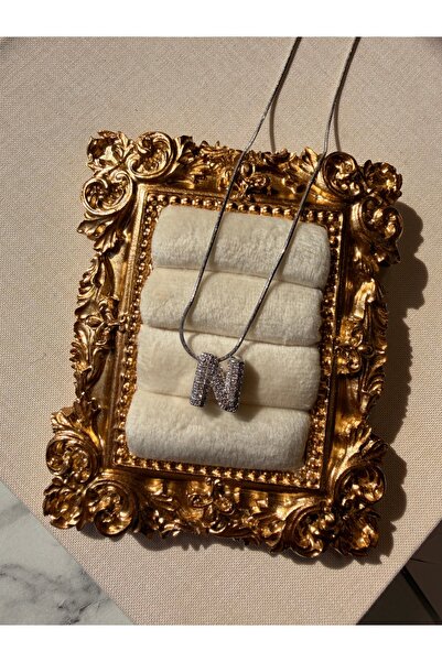 nurjewelry N Harfi Zirkon Taşlı Çelik Kolye – Gümüş Renk Parlak Taşlı Minimal...