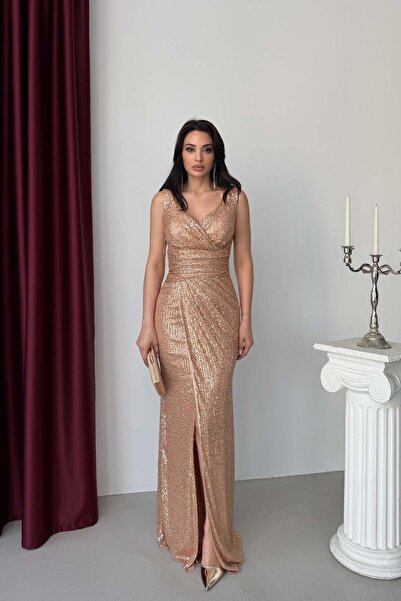 Serica Moda Gold Double-Breasted V-Neck Sequined Evening Dress with Slits