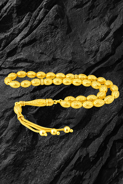 Duende Silver 14 Ayar Altın Kaplama Tesbih -Başak Desen Tesbih - Arpa Kesim T...