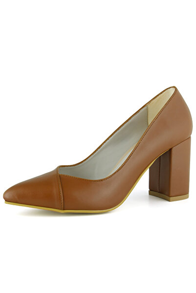 Erkan Saçmacı Belinda Taba Vegan Pointed Toe Thick Heeled Classic Shoes