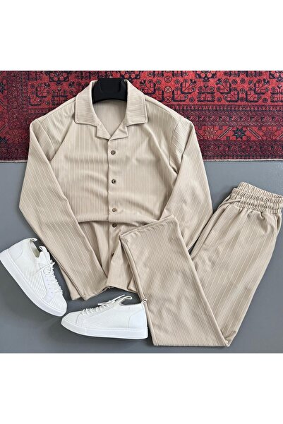 WENMİNG Set de pantaloni și cămașă cu dungi din țesătură Sahra pentru bărbați