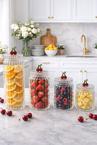Gülümseten Avm Set of 4 Glass Jars with Cherry Design 1500-1100-800-630 ml St...