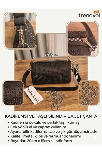 Esme Butik Kadife Dokulu Taşlı Silindir Baget Çanta