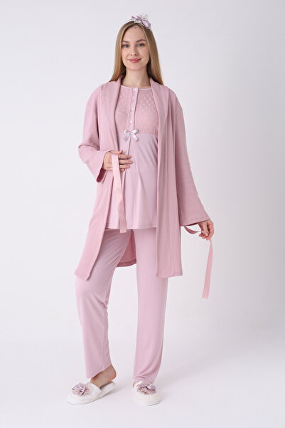 ERDENİZ TEKSTİL Kadın Dantelli 3’lü Lohusa Sabahlıklı Pijama Takımı - Hamile ...