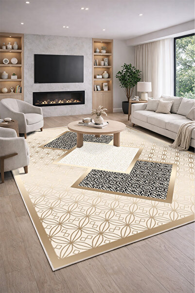 Lioara Home Krem/Gri Renk Dijital Baskılı Halı – Modern, Kaymaz Taban, Salon ...