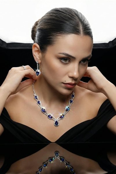 Valmont Accessories Hürrem Model Blue Stone Necklace Earrings Jewelry Set Choker - Bridal Wedding Engagement Evening Dress Set