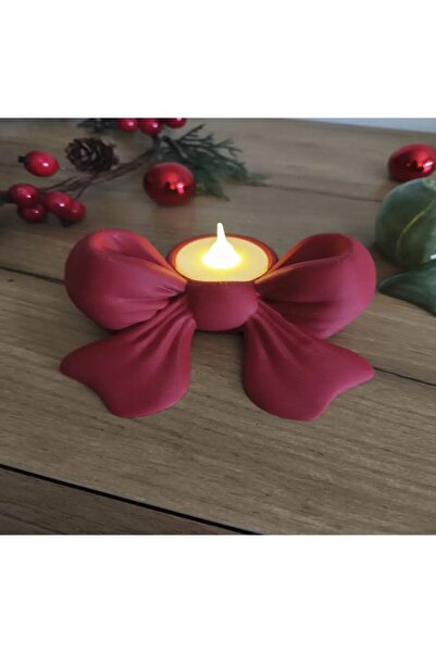 3DLABS Fiyonk ve Kurdele Tasarımlı Dekoratif Led Mumluk (Led Mum Dahil) Kırmı...