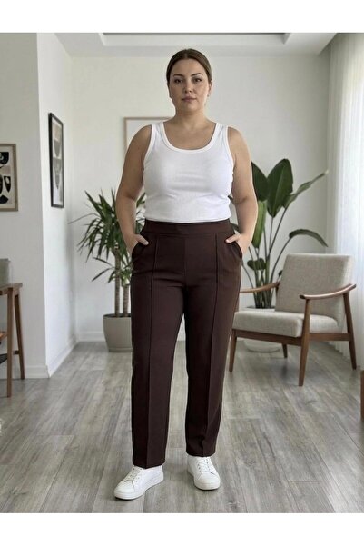 BÜYÜK BEDEN ÇELİK ÖRME KAHVERENGİ ANNE PANTALONU (Geniş kalıptır 2. resimdeki beden tablosuna göre alım yapınız. )