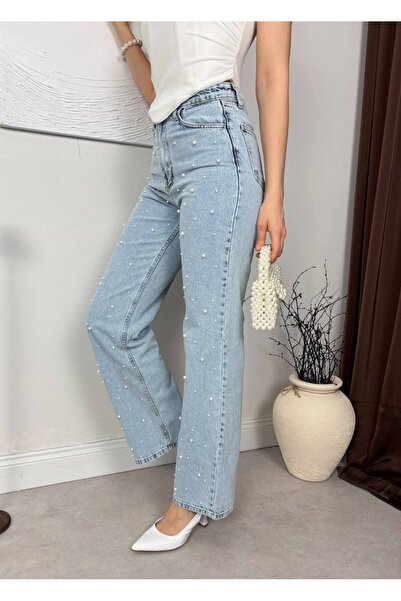 LOKADI Pearl Embellished High Waist Light Blue Jean Trousers - Pipe Leg Denim...