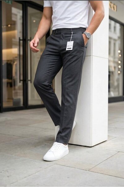 MODAMESTO Men's Anthracite Slim Fit Lycra Side Pocket Ankle Length Plain Fabr...