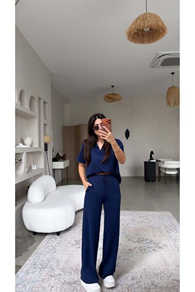 Buket Teke Navy Blue Basic Modal Fabric Collared Wide Leg Suit