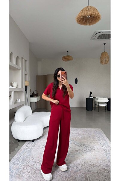 Buket Teke Burgundy Basic Modal Fabric Collared Wide Leg Suit