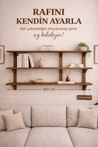 Woodymoda Ayarlanabilir Raflı Masif Ahşap Duvar Rafı – 150x21x80 cm | Doğal Ç...