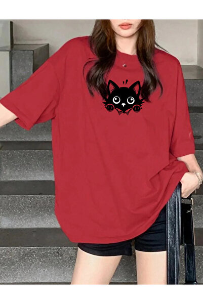 SUNFREE Cat Printed Oversize Crew Neck Short Sleeve Basic Unisex Tshirt