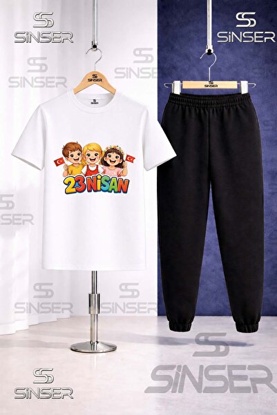 SS SİNSER Children's 23 April 3Lu Cocuk Printed T-Shirt and Sweatpants Set