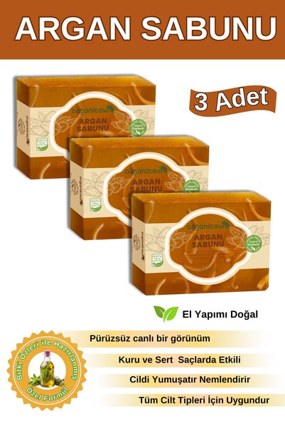 Organicsun Doğal Argan Sabunu 140 Gr x 3 Adet - Tüm Cilt Tipleri İçin - Nemle...