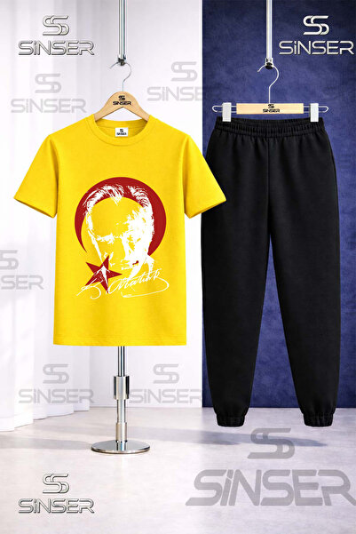 SS SİNSER Children's Ataturk Red Moon Star White Printed T-Shirt Sweatpants Set