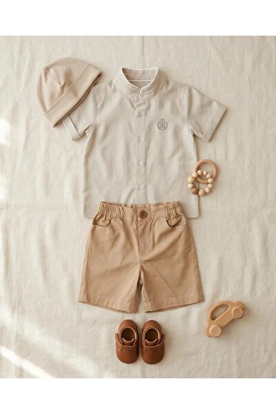 Monna Rosa Linen Shirt and Canvas Shorts Set - Boys - Beige