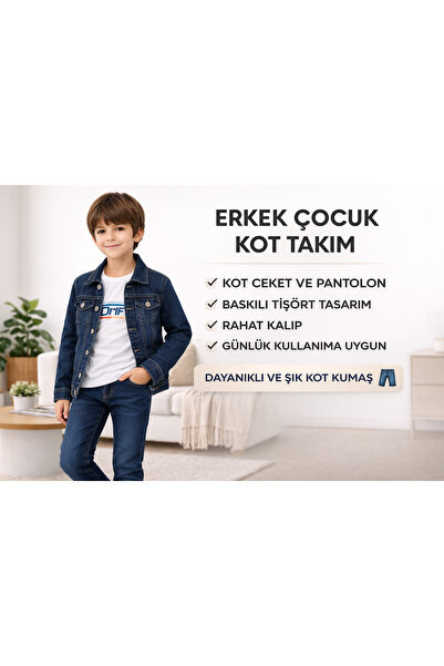 NAWİ 71503-26 Boy's Denim Suit Jacket, Printed T-Shirt and Trousers 3-Piece C...