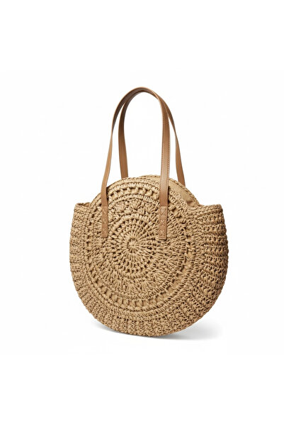 Gullfoss Kadın Bej Yuvarlak Hasır Çanta - Deri Saplı El Örgüsü Omuz Çantası