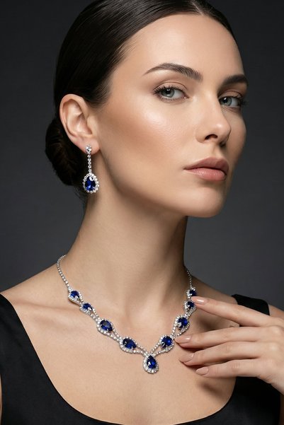 Valmont Accessories Hürrem Model Blue Stone Necklace Earrings Jewelry Set Choker - Bridal Wedding Engagement Evening Dress Set