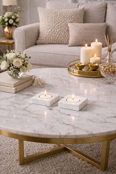 Sarıkaya Granit Mermer Mumluk | Dekoratif Mumluk | 2 Adet Mermer Mumluk | 8x8...