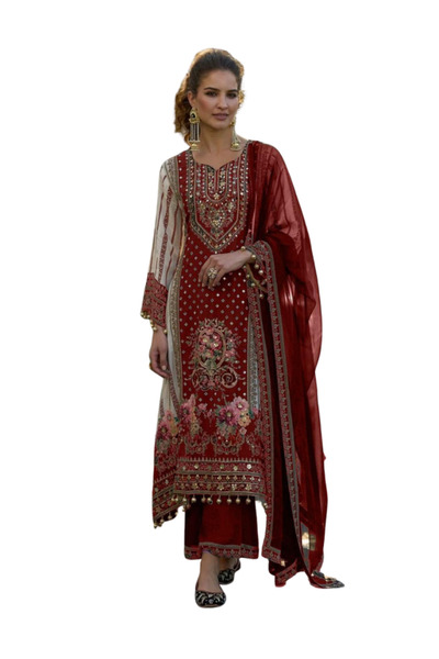 MYSMAR Maroon Top Bottom & Dupatta - HRT5351 - Maroon