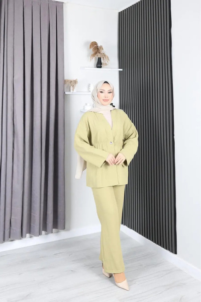 Marjinal Γυναικείο Σετ Παντελόνι και Σακάκι από Μουσελίνα με Ελαστική Μέση