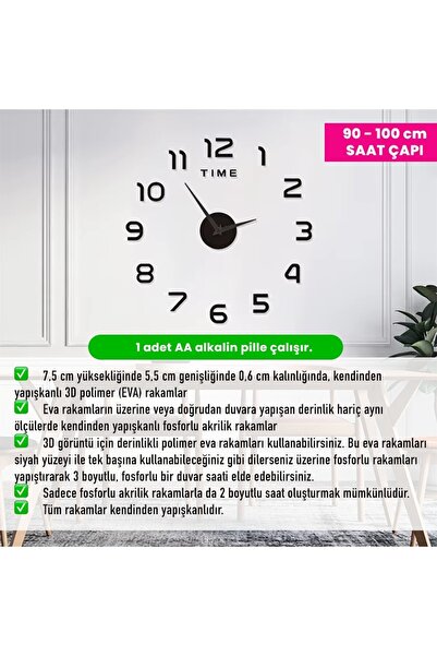 UpWay Fosforlu 3D DIY Sessiz Duvar Saati – Dekoratif Yapışkanlı 90/100 cm