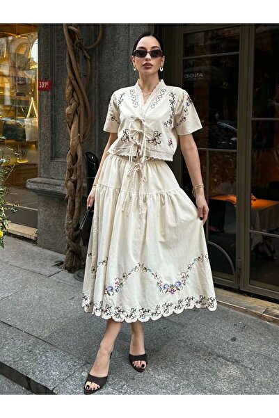 Şeker Portakalım 3031 Embroidered Imported Premium Washable Linen Skirt Set