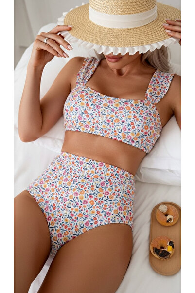 Peille Kalın askılı göğüs pedli renkli yüksek bel bikini takım