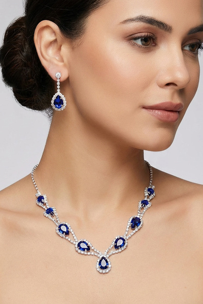 Valmont Accessories Hürrem Model Mavi Taşlı Kolye Küpe Takı Seti Gerdanlık - ...