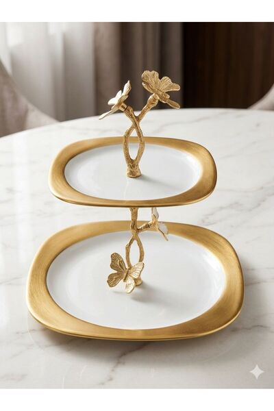 Sembol gold kenarlı kare model iki katlı kelebek detaylı sunum tabağı